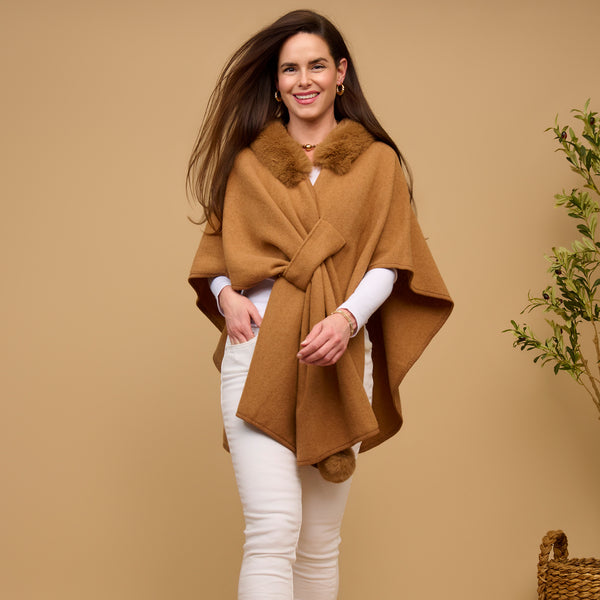 Open Front Wrap One Size Faux Fur Collar Kelsie Shawl