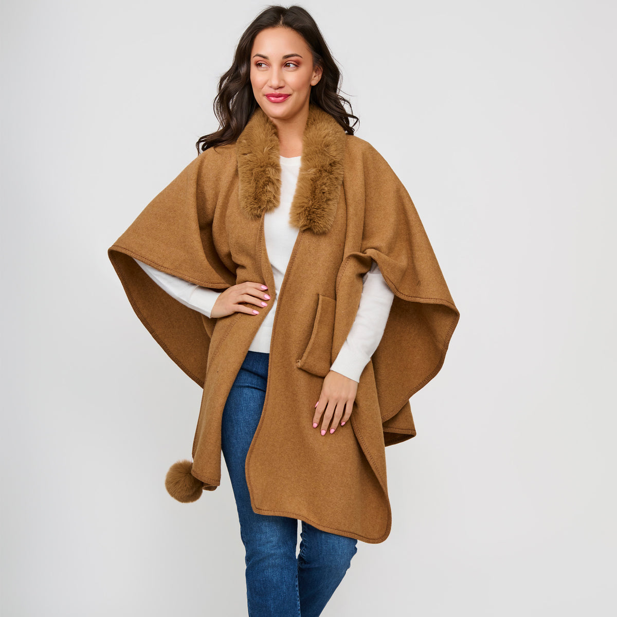 Open Front Wrap One Size Faux Fur Collar Kelsie Shawl