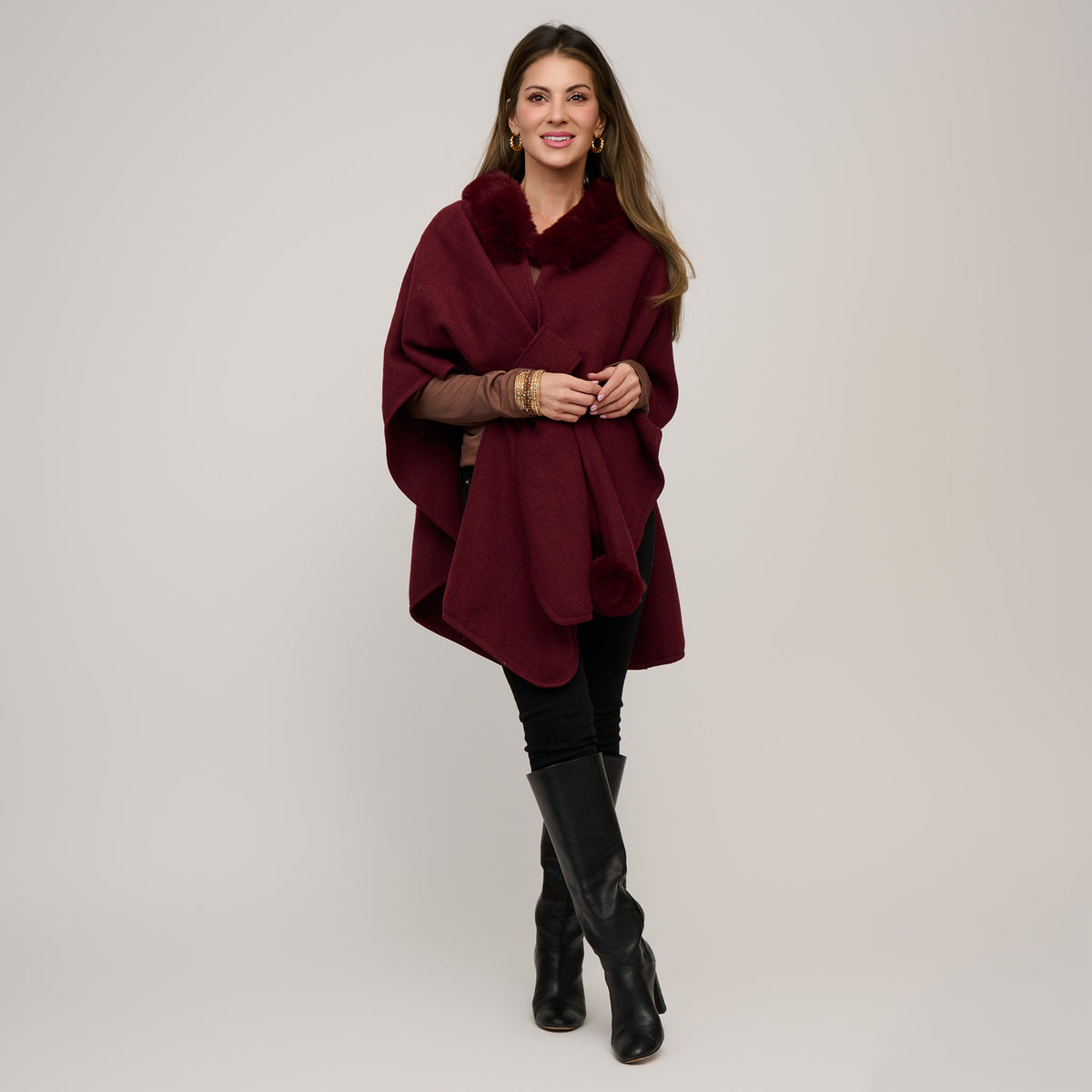 Open Front Wrap One Size Faux Fur Collar Kelsie Shawl