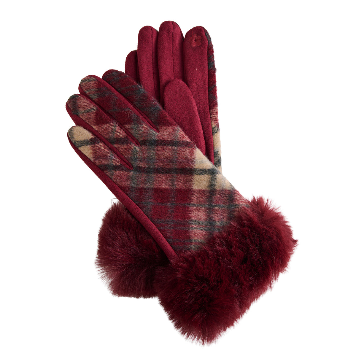 Plaid Winter Gloves Faux Fur Trim Marilee Touchscreen