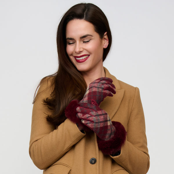 Plaid Winter Gloves Faux Fur Trim Marilee Touchscreen