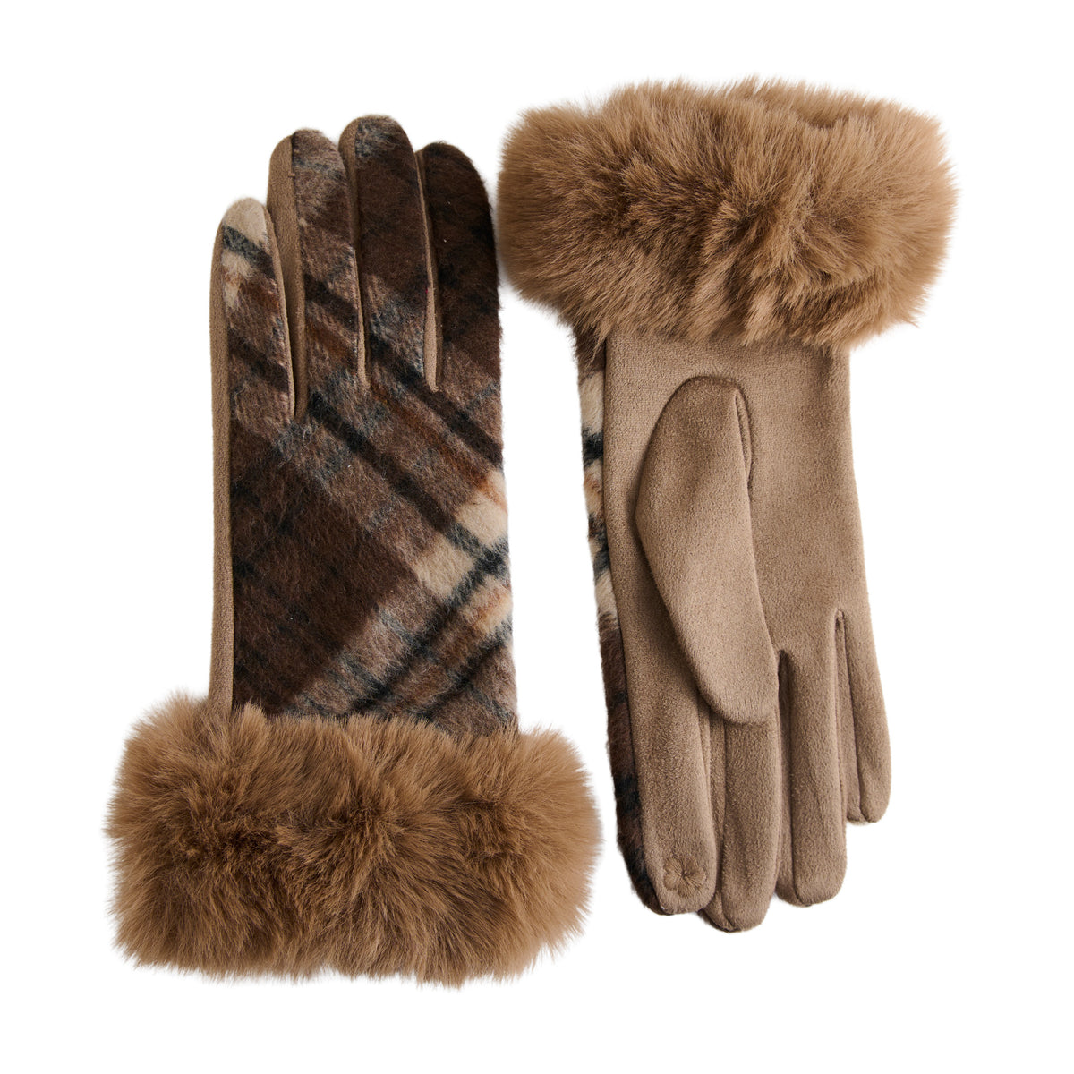 Plaid Winter Gloves Faux Fur Trim Marilee Touchscreen