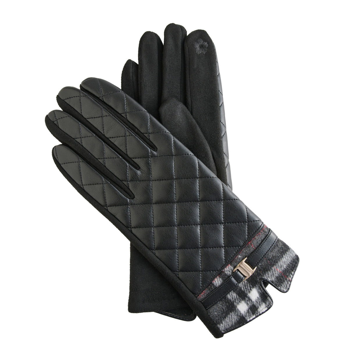 Quilted Vegan Leather Gloves Vivi Plaid Trim Touchscreen