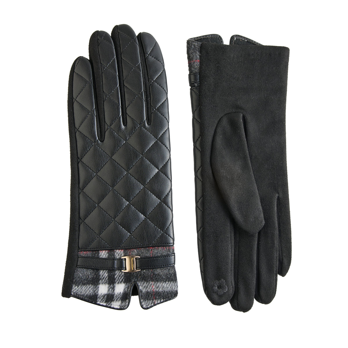 Quilted Vegan Leather Gloves Vivi Plaid Trim Touchscreen