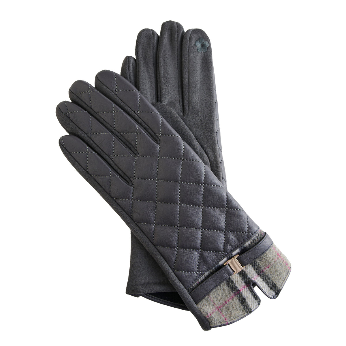 Quilted Vegan Leather Gloves Vivi Plaid Trim Touchscreen