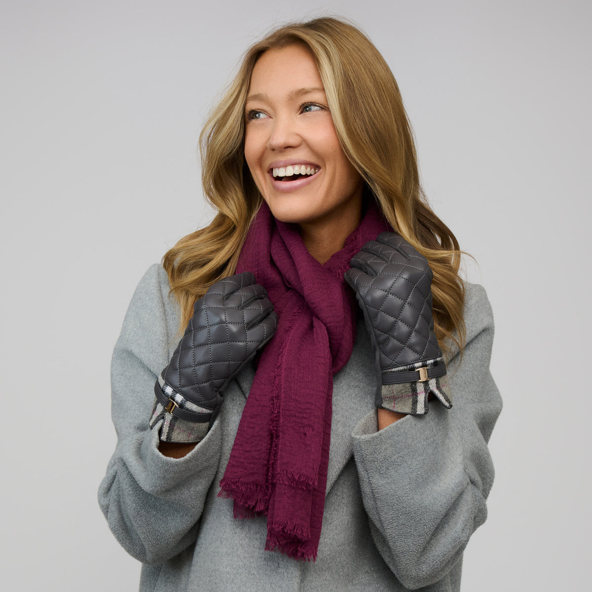 Quilted Vegan Leather Gloves Vivi Plaid Trim Touchscreen