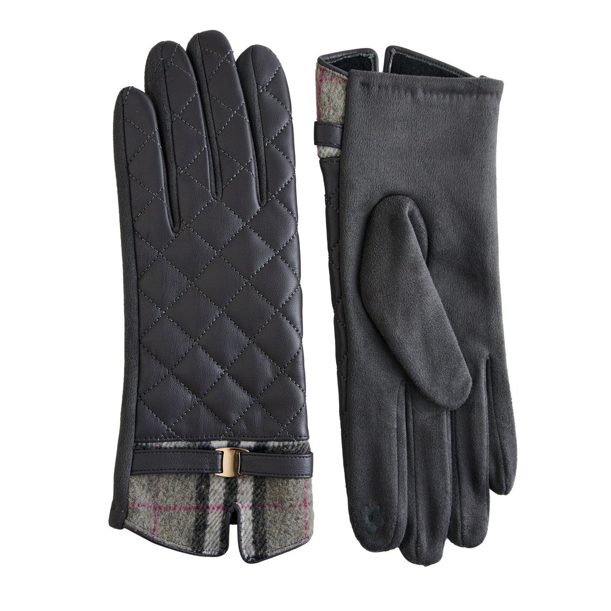 Quilted Vegan Leather Gloves Vivi Plaid Trim Touchscreen