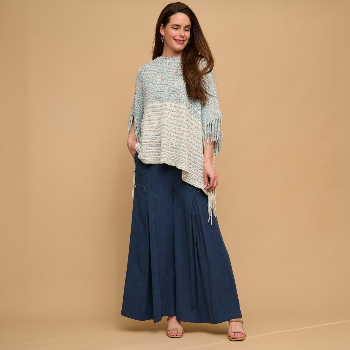 Chenille Knit Poncho Brielle Fringe One Size Wrap