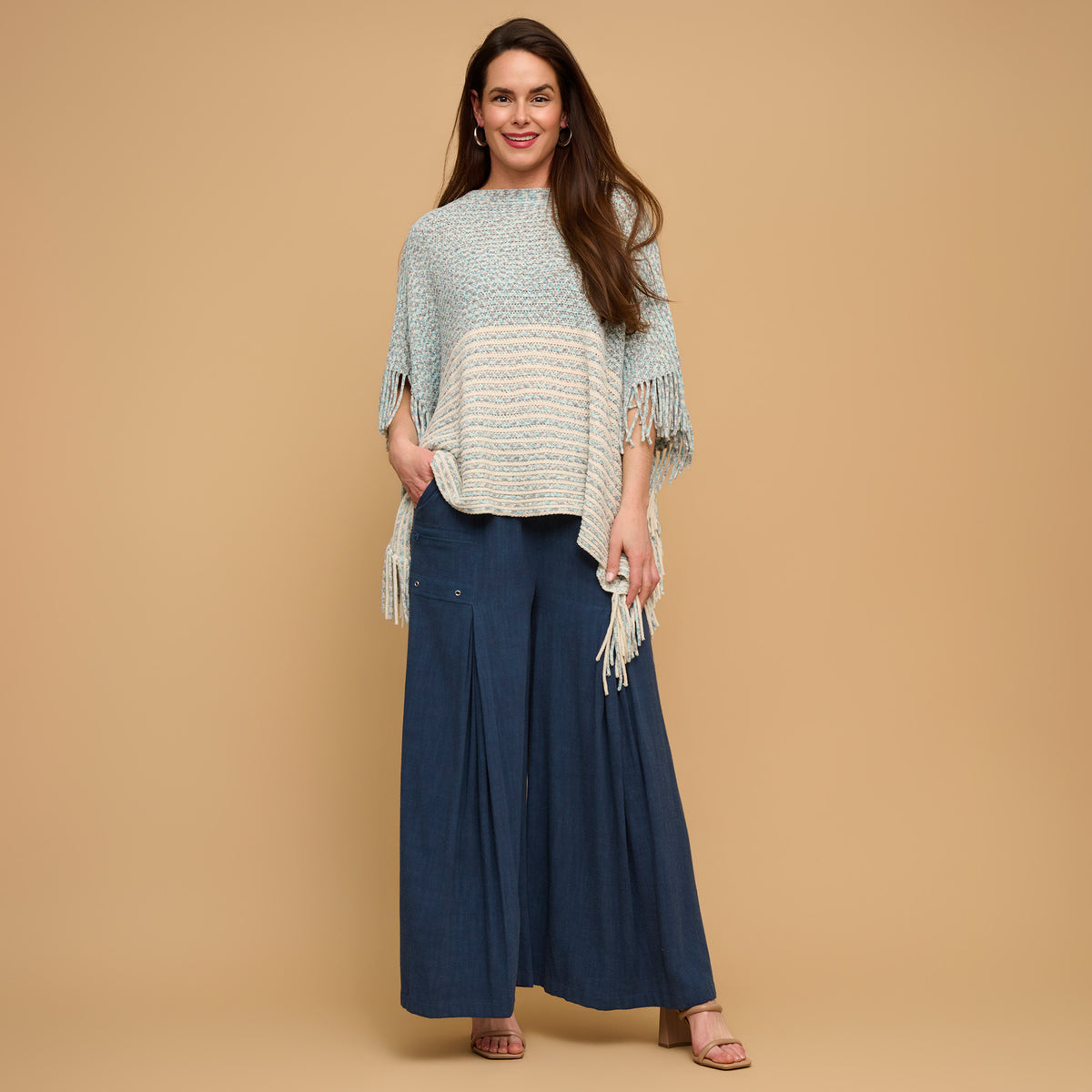 Chenille Knit Poncho Brielle Fringe One Size Wrap