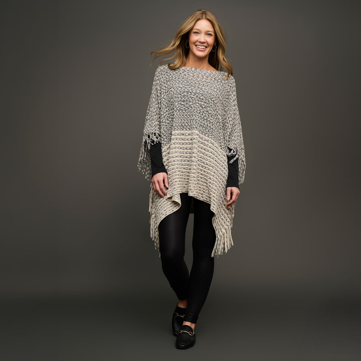 Chenille Knit Poncho Brielle Fringe One Size Wrap