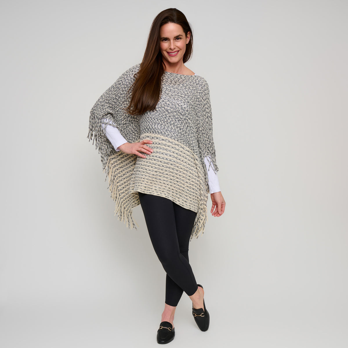 Chenille Knit Poncho Brielle Fringe One Size Wrap