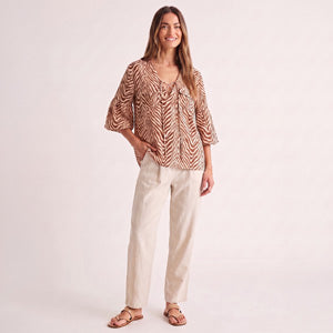 Printed Blouse Hendrix Lace Up V-Neck Hi-Low Ruffle Sleeve