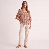 Printed Blouse Hendrix Lace Up V-Neck Hi-Low Ruffle Sleeve