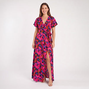 Maxi Dress Simone Deep V-Neck High Slit Tie Waist