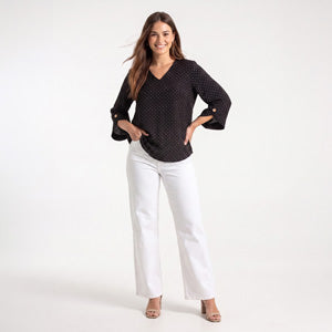 Blouse Delia Dot Print V-Neck Bell Sleeve Button Cuff