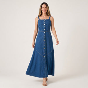 Denim Maxi Dress Delilah A-Line Button Front Square Neck