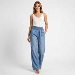 Chambray Pants Leighton High Waist Wide Leg Smocked