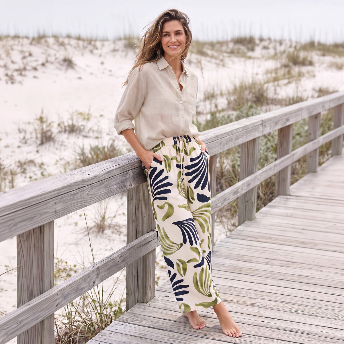 Wide Leg Pants Tora Printed Elastic Waist Drawstring