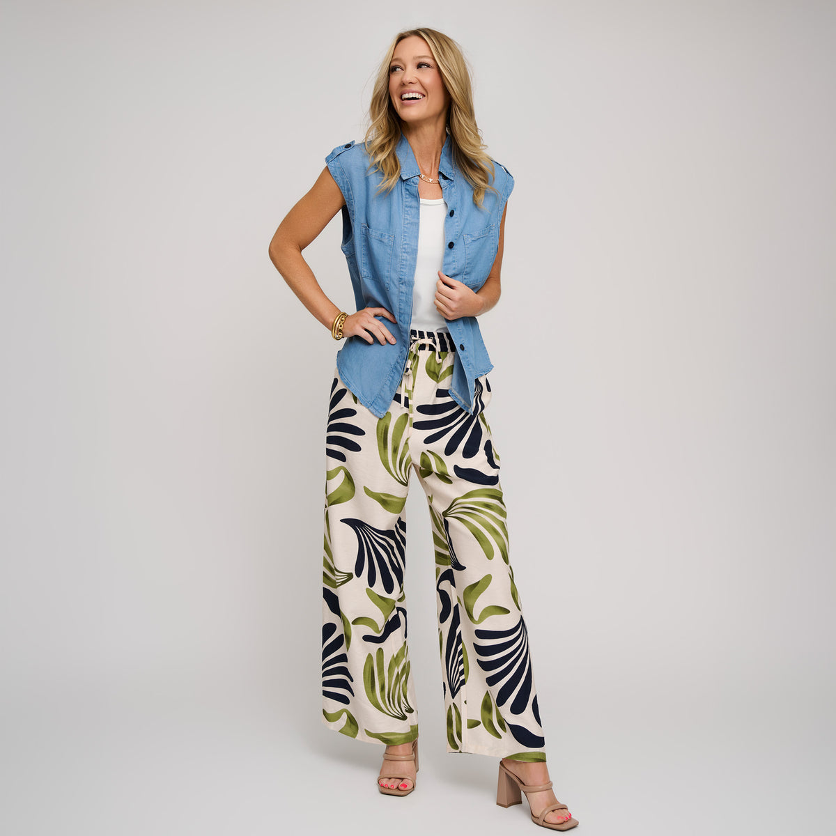 Wide Leg Pants Tora Printed Elastic Waist Drawstring
