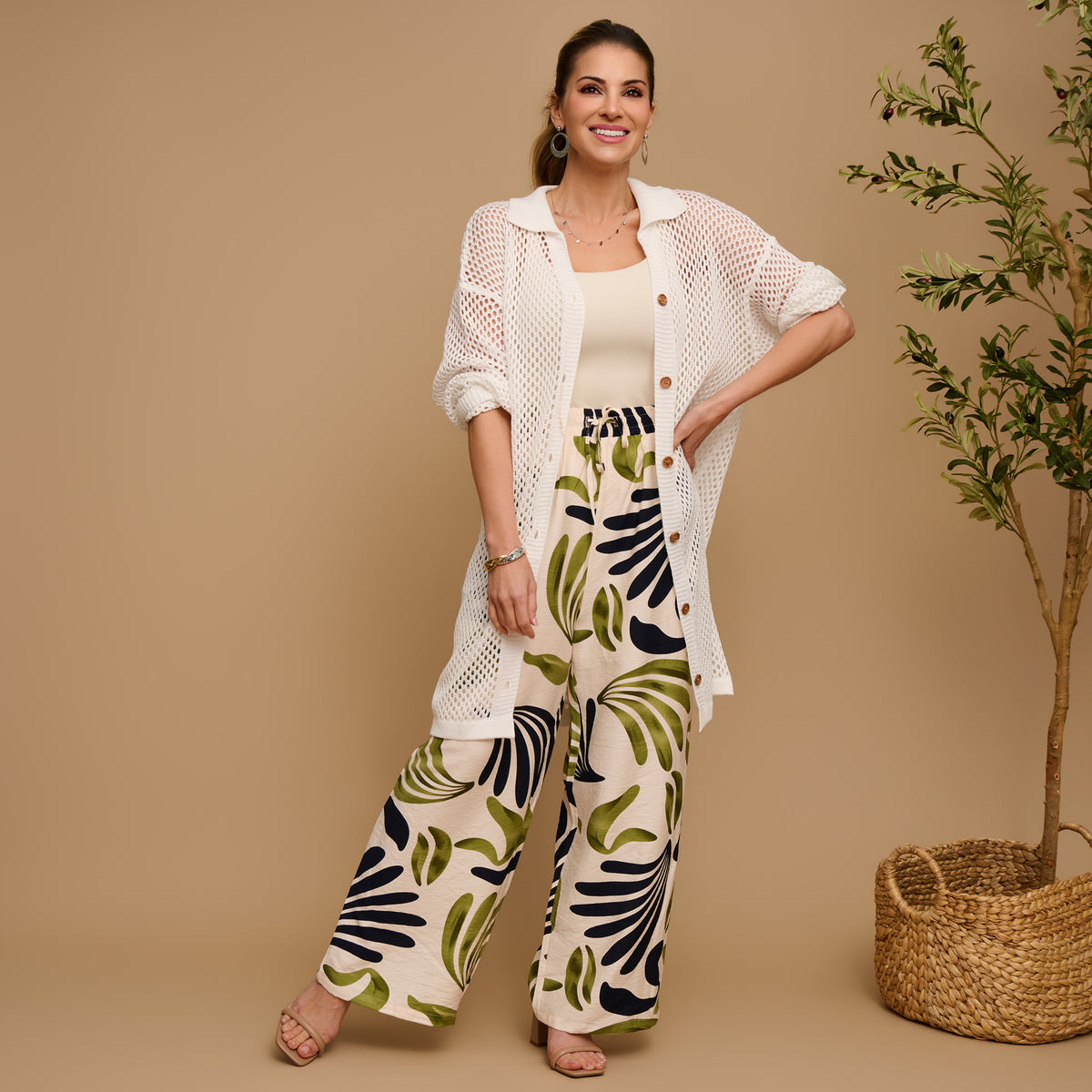 Wide Leg Pants Tora Printed Elastic Waist Drawstring