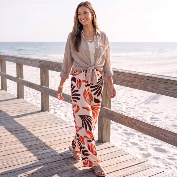 Wide Leg Pants Tora Printed Elastic Waist Drawstring