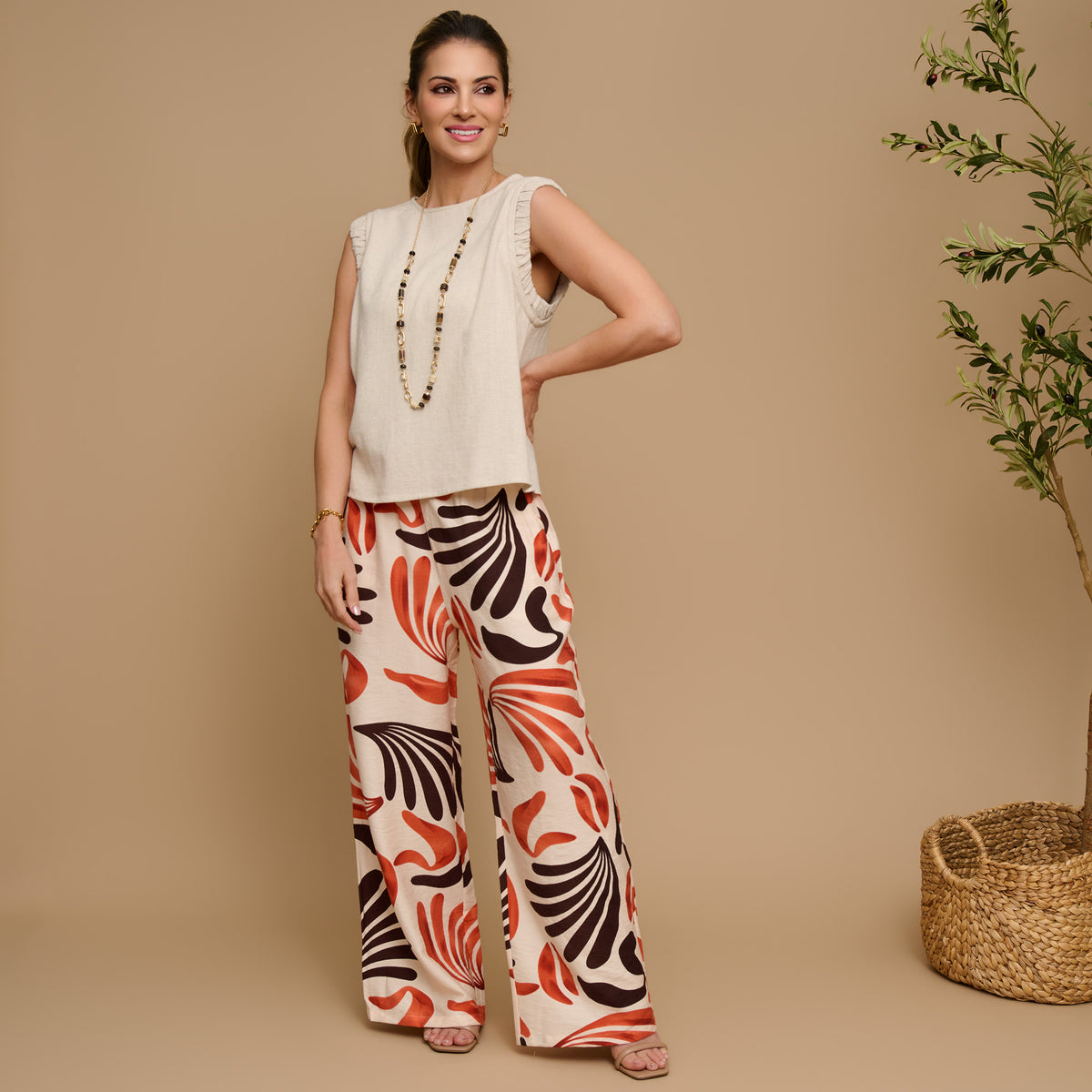 Wide Leg Pants Tora Printed Elastic Waist Drawstring