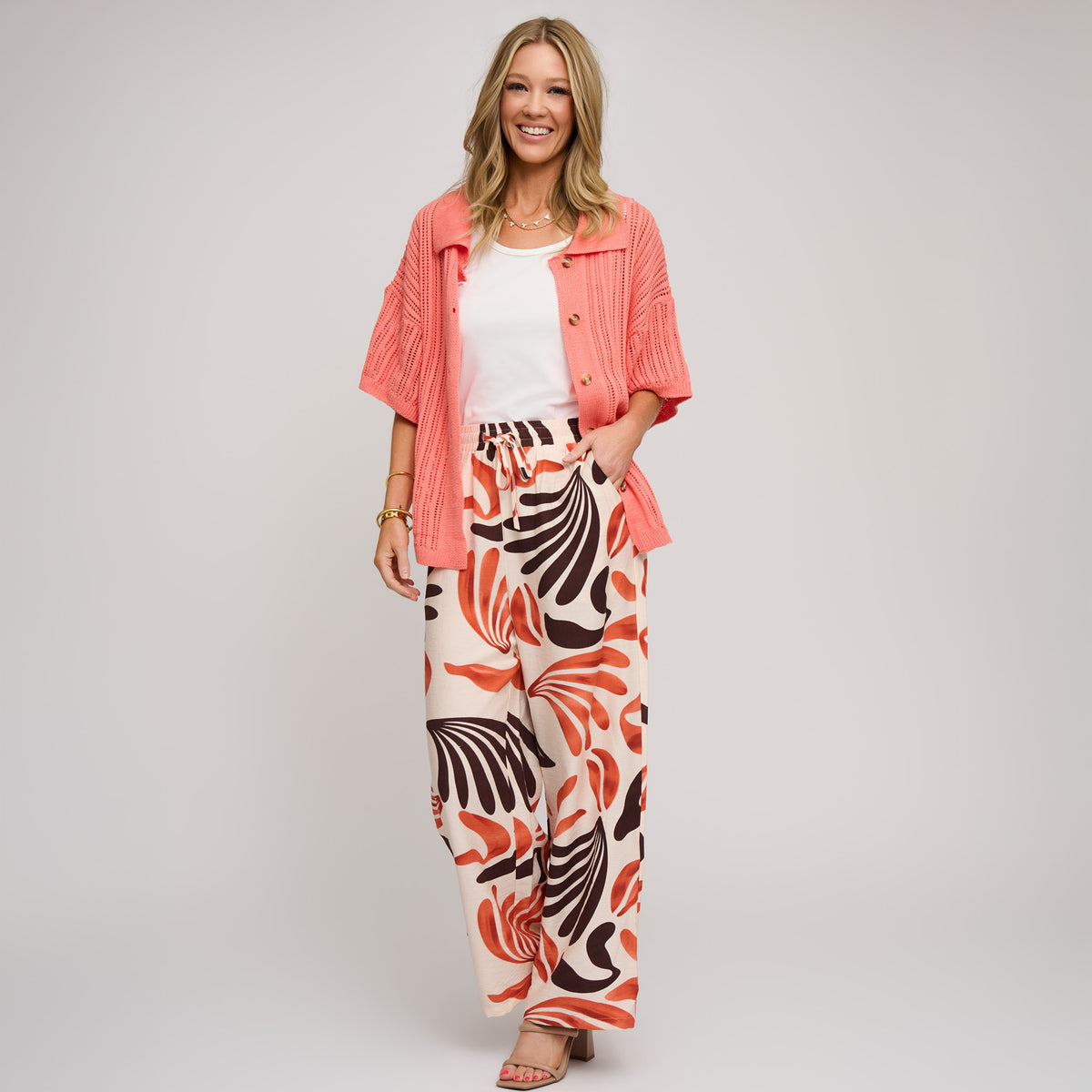 Wide Leg Pants Tora Printed Elastic Waist Drawstring