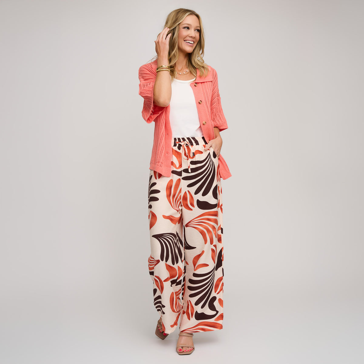 Wide Leg Pants Tora Printed Elastic Waist Drawstring