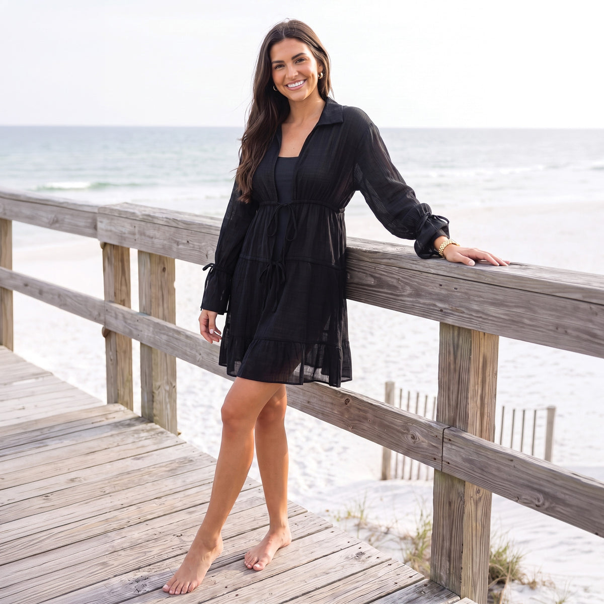 Cover Up Dress Kaya Sheer Tie Front Long Sleeve Resort