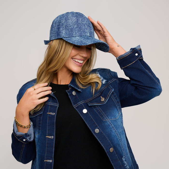 Baseball Cap Cora Printed Denim Rhinestone Adjustable