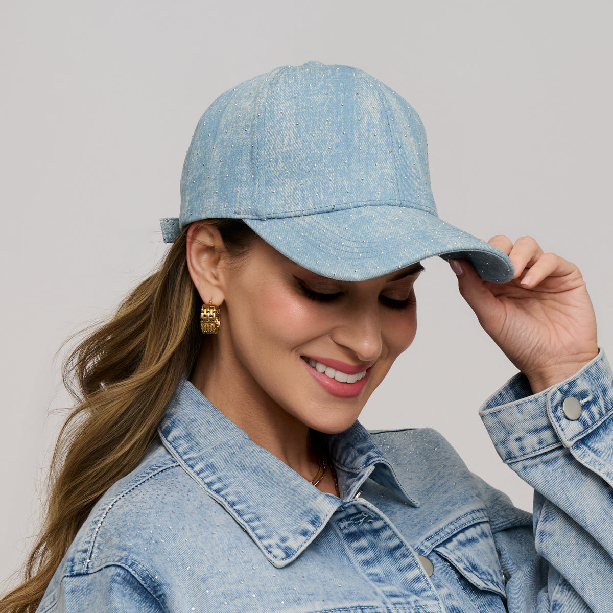 Baseball Cap Cora Printed Denim Rhinestone Adjustable