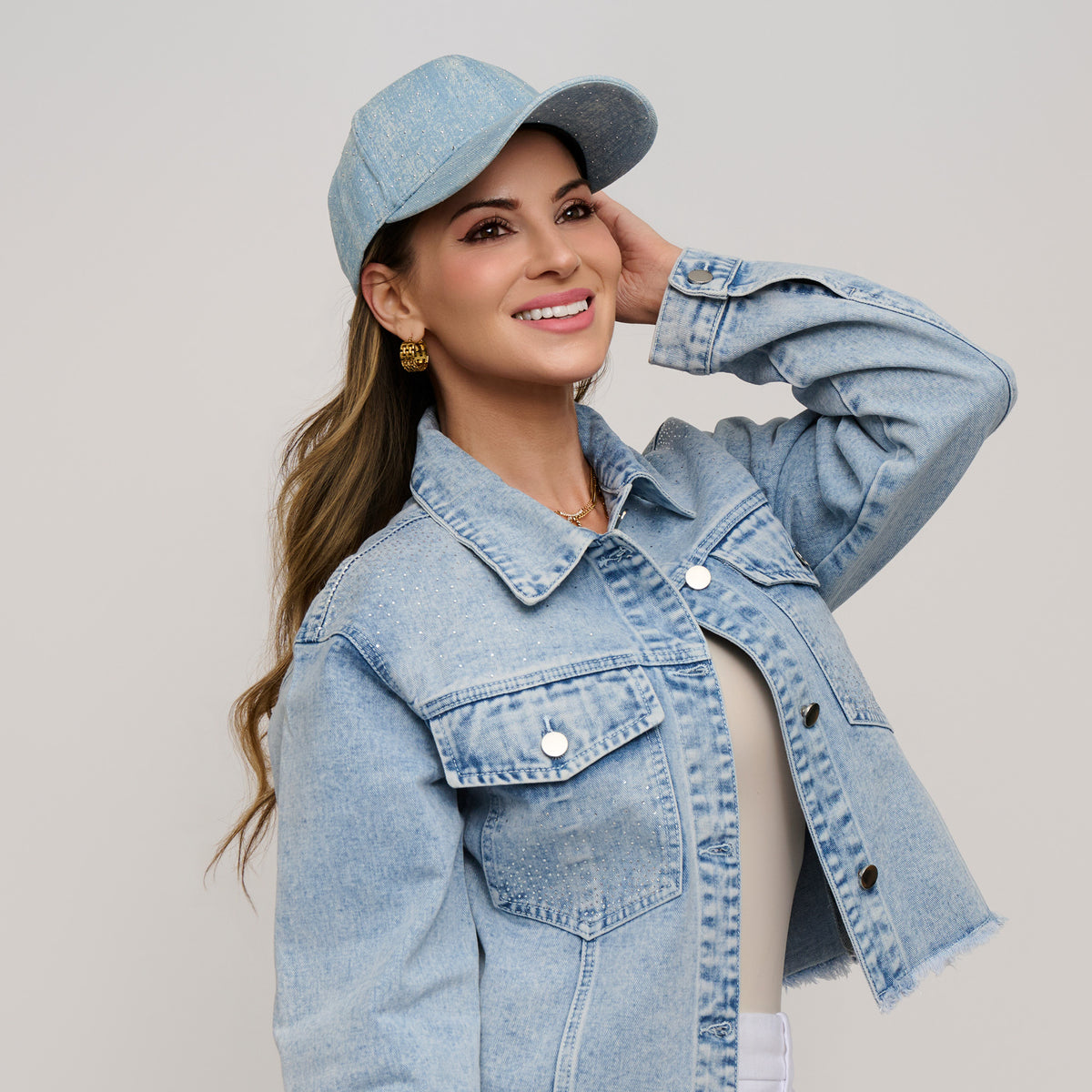 Baseball Cap Cora Printed Denim Rhinestone Adjustable