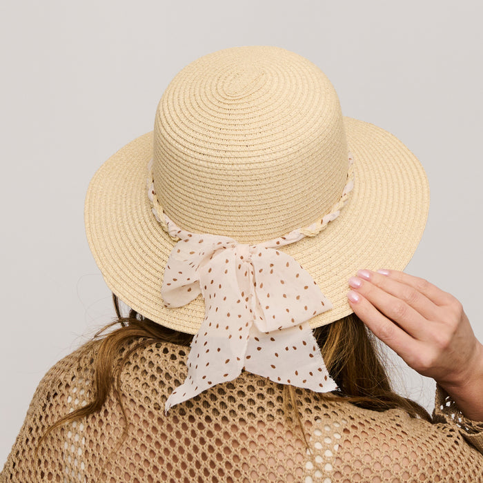 Sunhat Wide Brim Caprice Woven Braided Bow Polka Dot