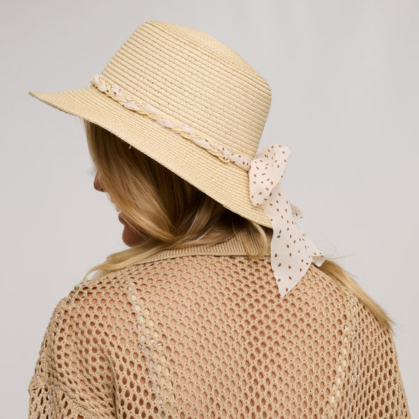 Sunhat Wide Brim Caprice Woven Braided Bow Polka Dot