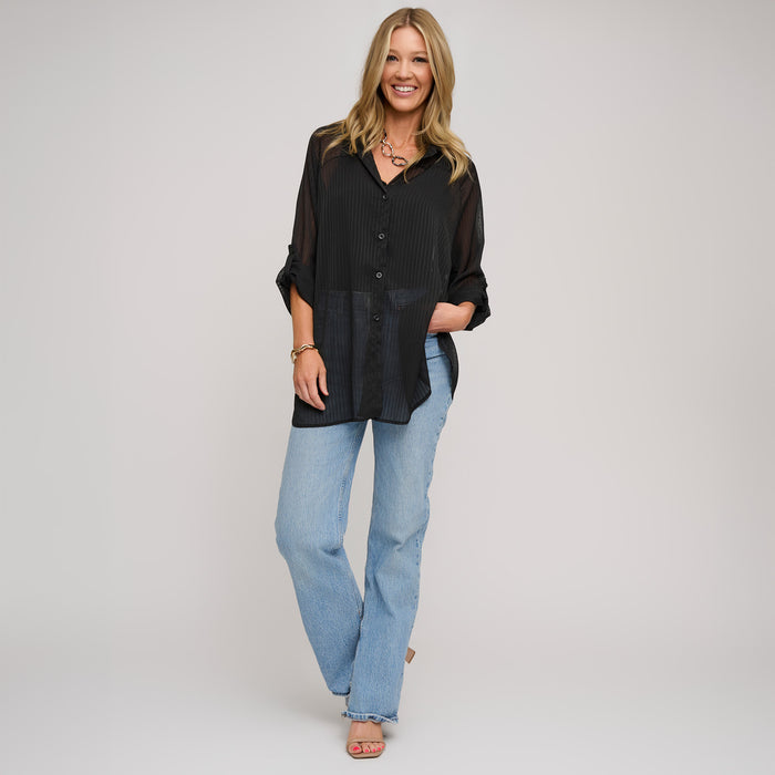 Sheer Blouse Mila Button Up Roll Tab Long Sleeve Top