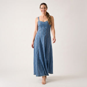 Denim Maxi Dress Skylar A-Line Adjustable Strap Raw Hem