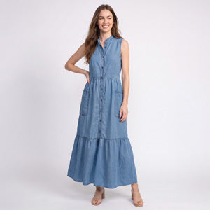 Maxi Dress Demi Chambray Button Front Tiered Boho