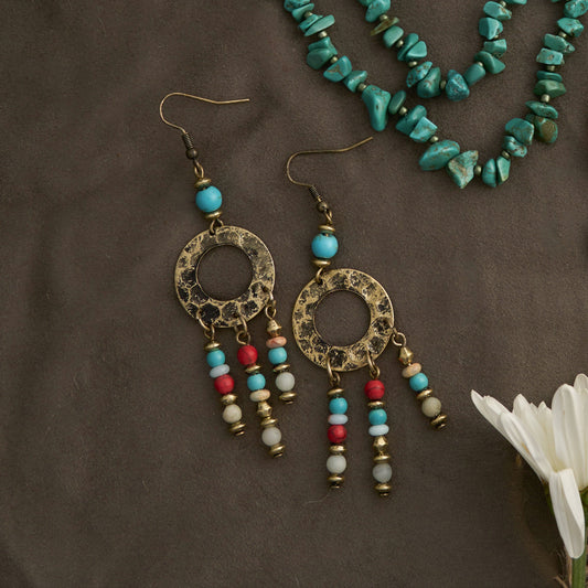 Wild Spirit Hammered Genuine Stone Gold Chandelier Earrings