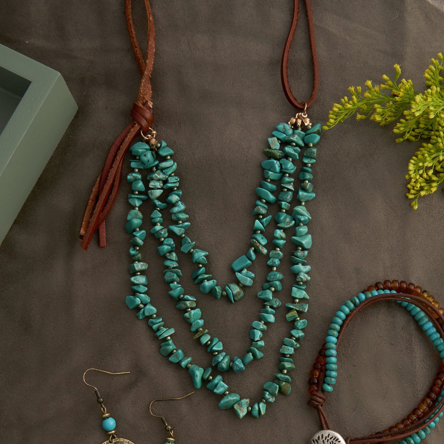 Lorelei Leather Multi Row Turquoise 24" Layered Necklace
