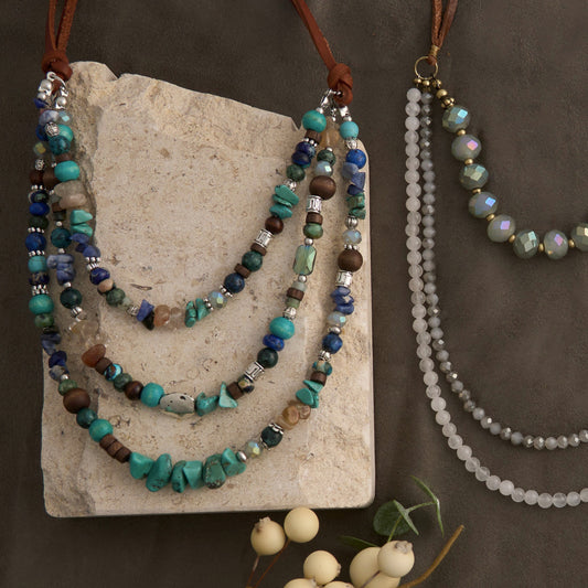 Tayla Leather Multi Row Genuine Stone Necklace