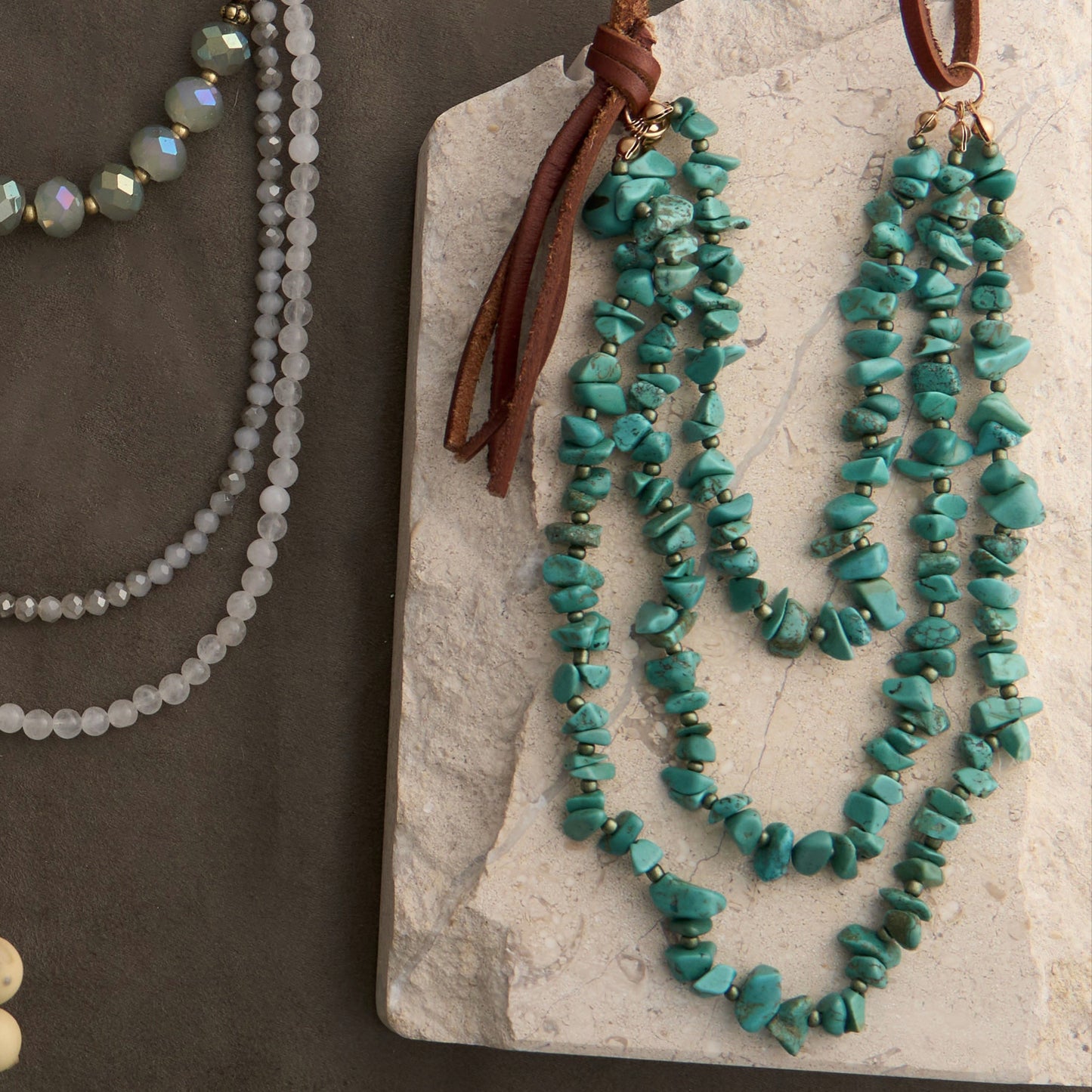 Lorelei Leather Multi Row Turquoise 24" Layered Necklace