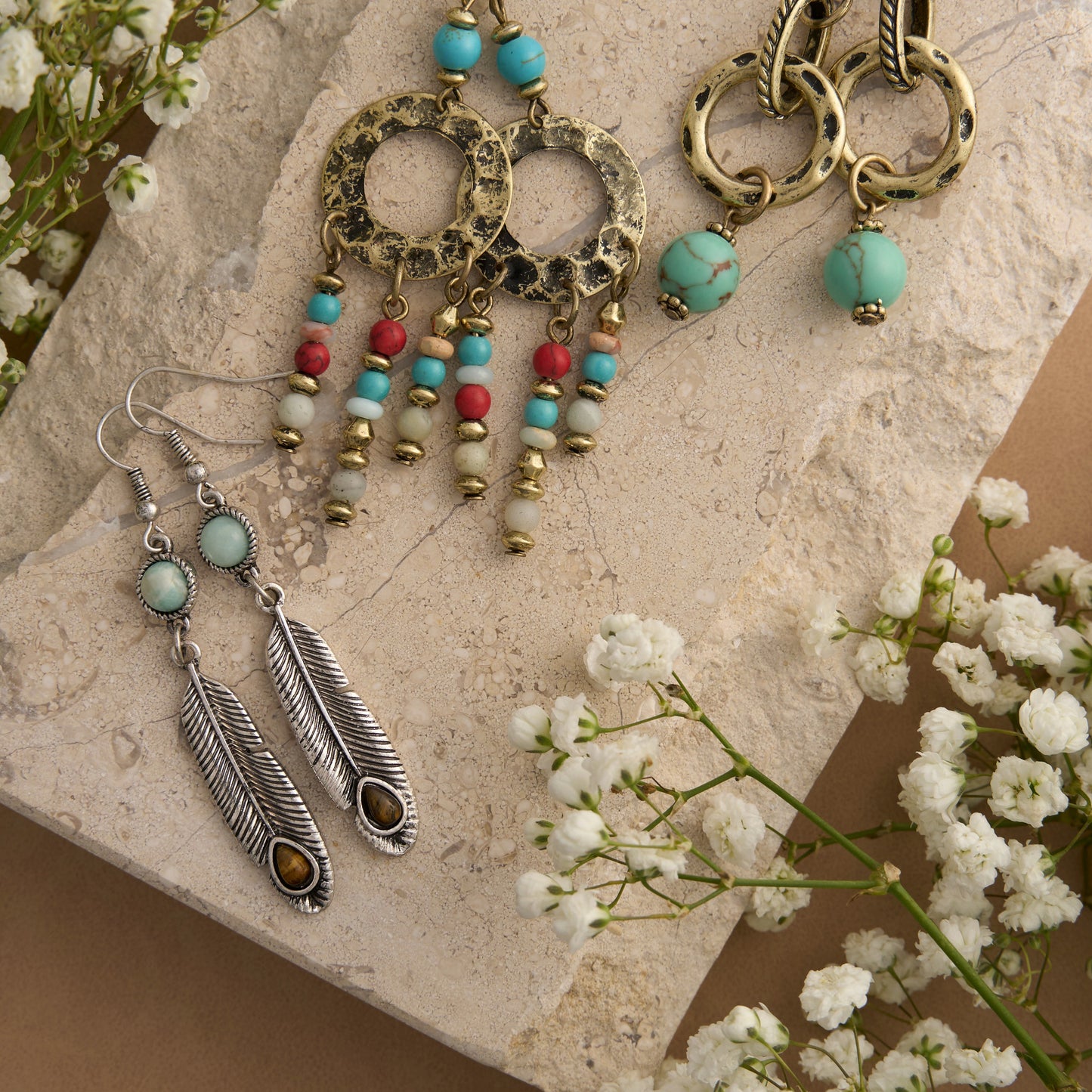Wild Spirit Genuine Stone Silver Feather Pendant Earrings
