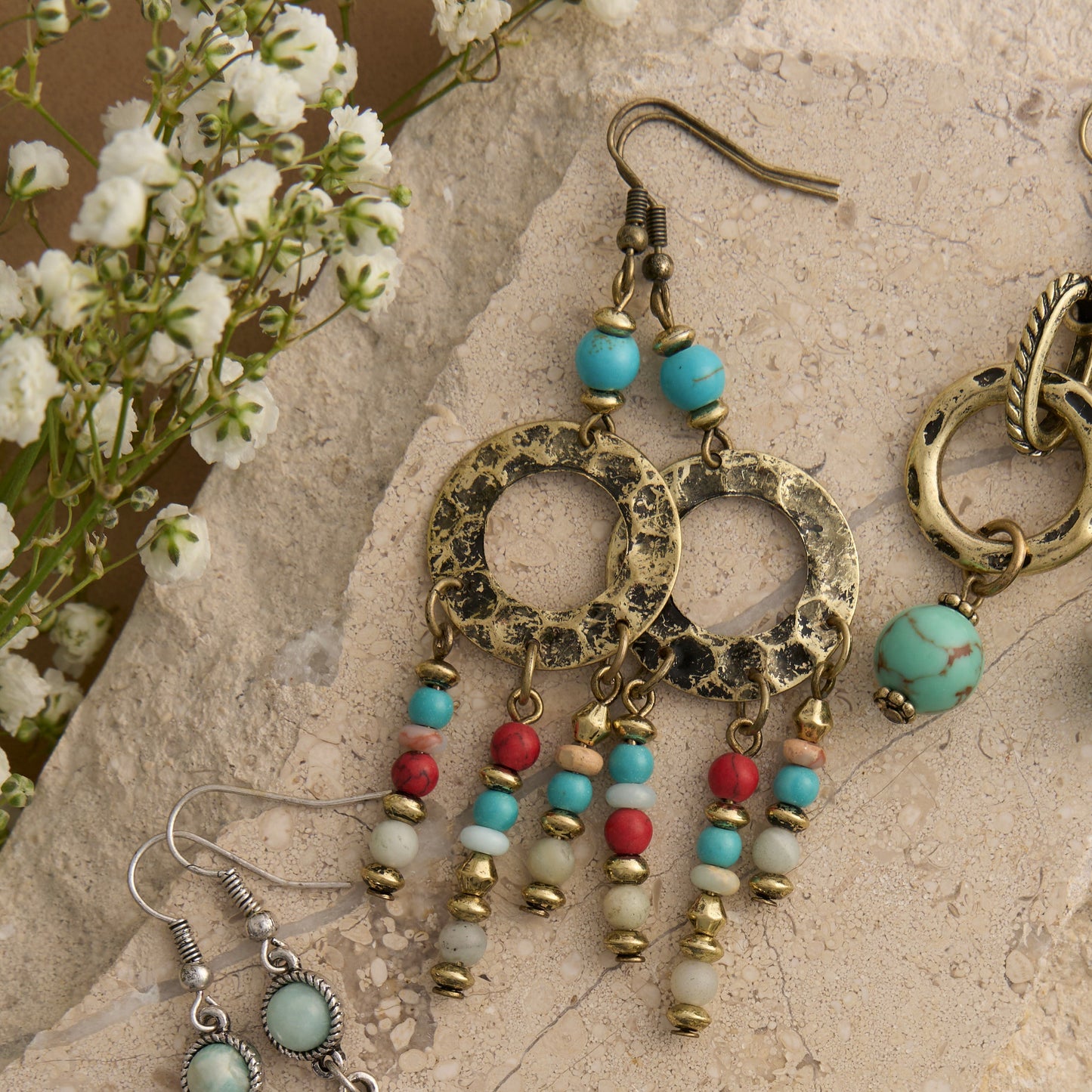 Wild Spirit Hammered Genuine Stone Gold Chandelier Earrings
