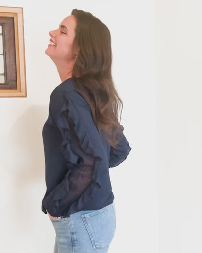 Beckett Deep Blue Ruffle Long Sleeve Crew Neck Blouse