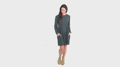 Kyle Smokey Teal Ribbed Knit Bishop Sleeve Belted Dress