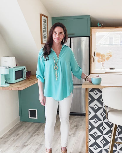 Amaris Collared Relaxed Fit Half Sleeve V-Neck Blouse