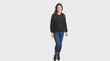Essie Pleated Long Sleeve Button Up Collared Blouse