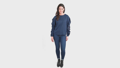 Beckett Deep Blue Ruffle Long Sleeve Crew Neck Blouse