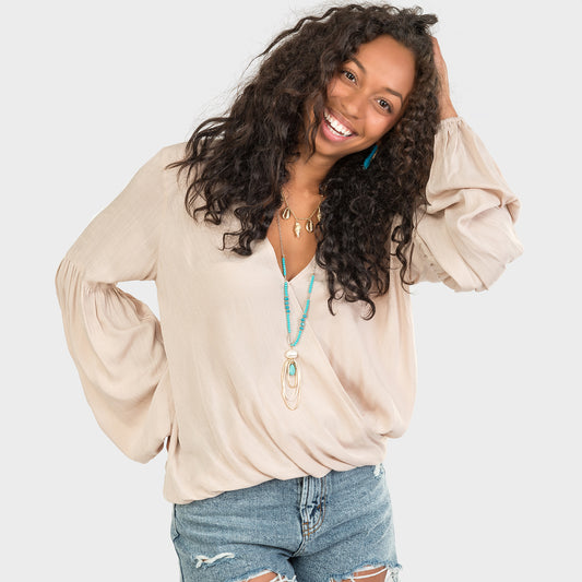 Draped Surplice Love Sleeve Top With Balloon Sleeves
