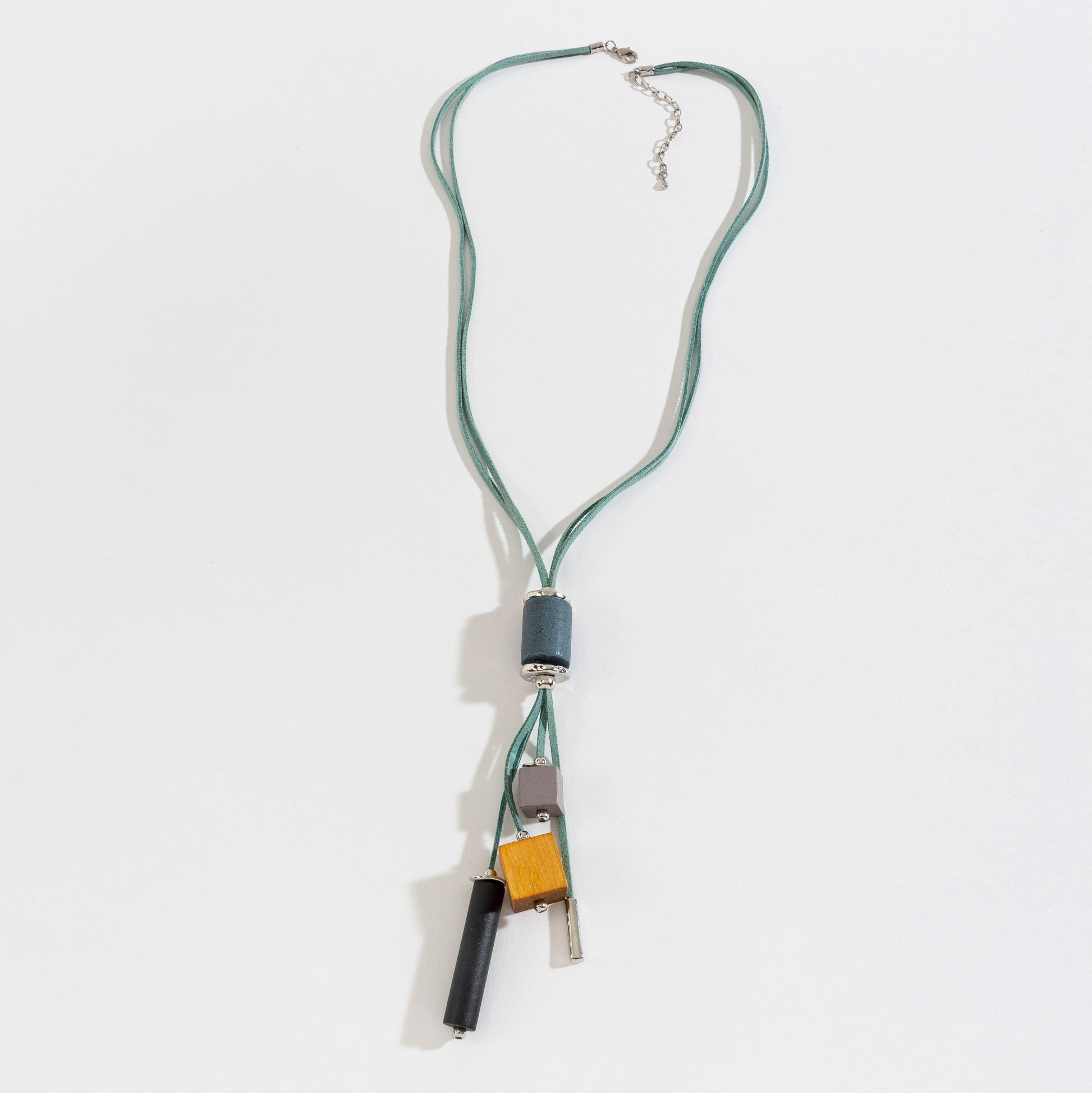 TEAL GENUINE WOOD BEAD AND LEATHER CORD Y-NECKLACE